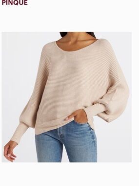 Pinque Cream Ribbed Balloon-Sleeve Sweater